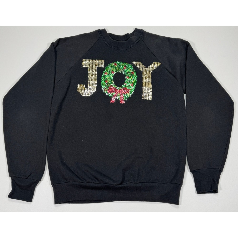 Vintage Screen Stars Womens L Black JOY Sequin Christmas Crewneck Sweatshirt USA